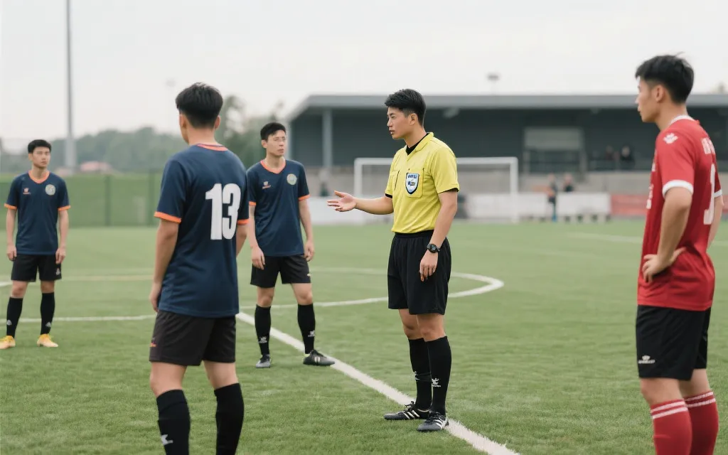 裁判在社区比赛中向队长解释判罚，球员保持距离